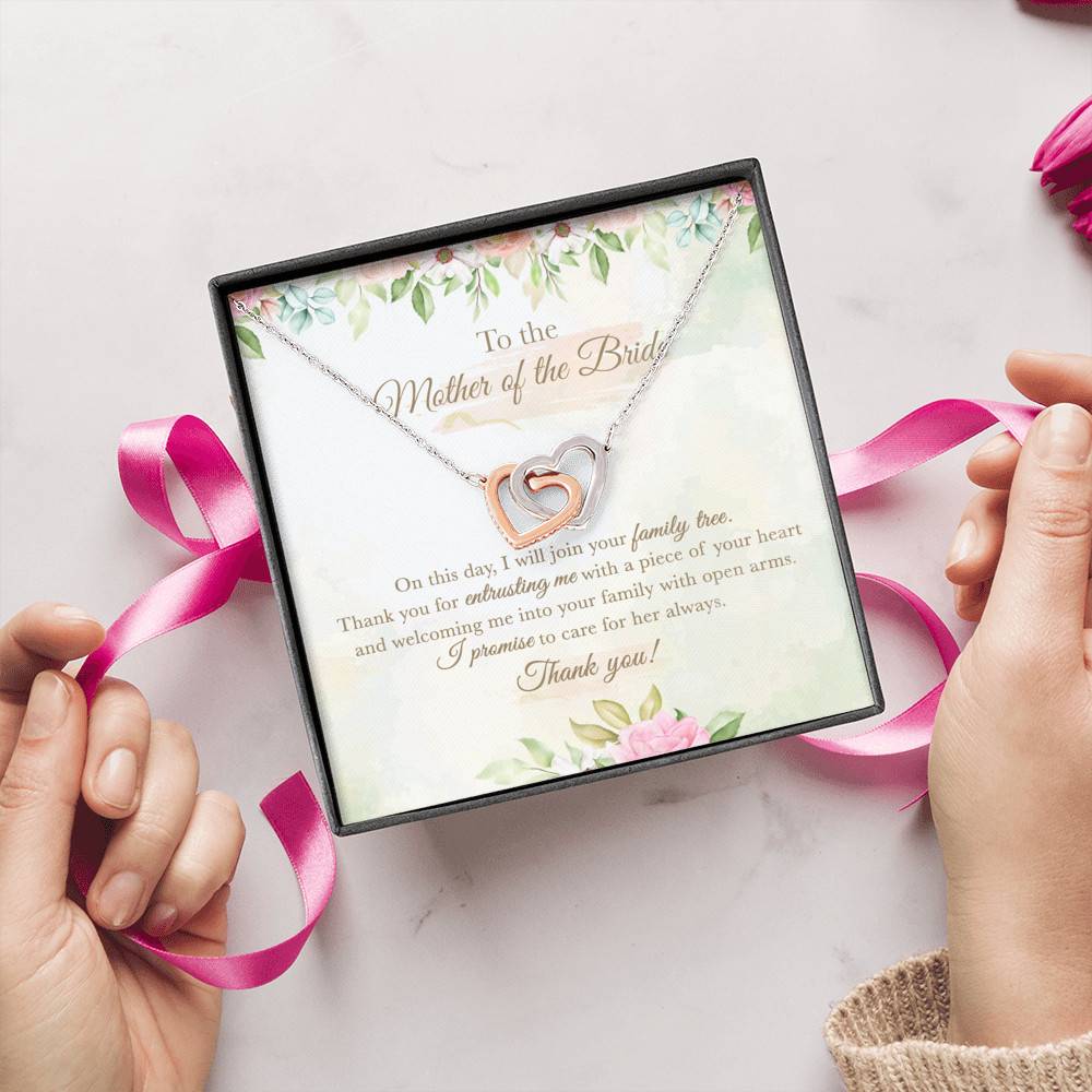 To The Mother Of The Bride On This Day I Will Join Your Family Tree From Groom Interlocking Hearts Pendant Necklace