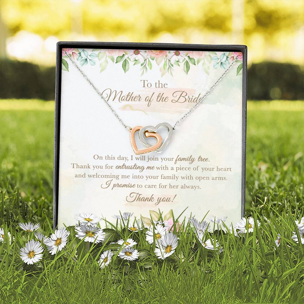 To The Mother Of The Bride On This Day I Will Join Your Family Tree From Groom Interlocking Hearts Pendant Necklace