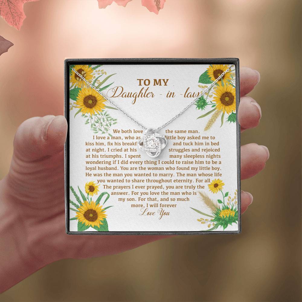 To My Daughter In Law We Both Love The Same Man I Will Forever Love You Sunflower Love Knot Necklace To My Daughter In Law We Both Love The Same Man I Will Forever Love You Sunflower Love Knot Necklace