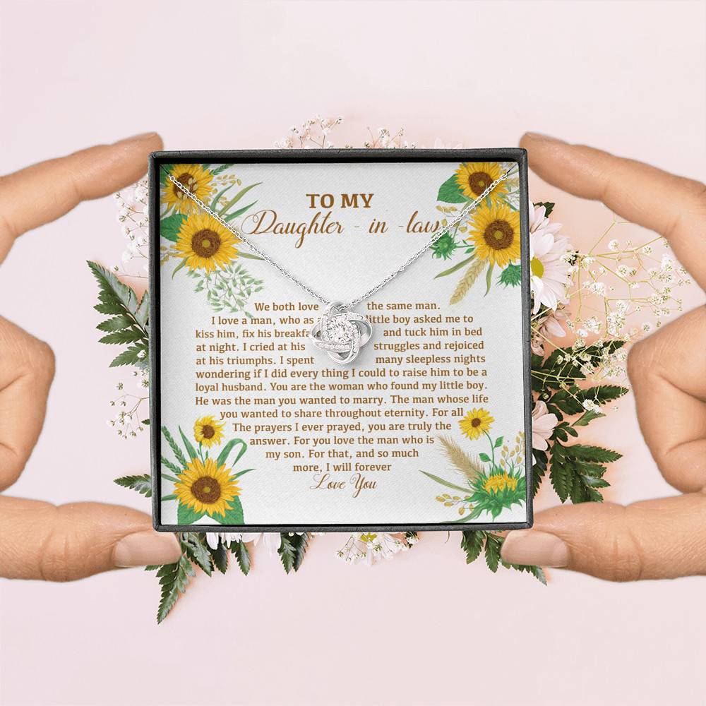 To My Daughter In Law We Both Love The Same Man I Will Forever Love You Sunflower Love Knot Necklace To My Daughter In Law We Both Love The Same Man I Will Forever Love You Sunflower Love Knot Necklace