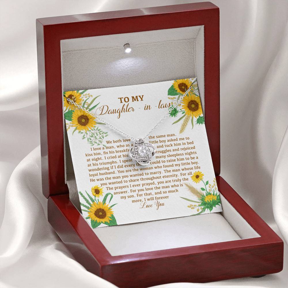 To My Daughter In Law We Both Love The Same Man I Will Forever Love You Sunflower Love Knot Necklace To My Daughter In Law We Both Love The Same Man I Will Forever Love You Sunflower Love Knot Necklace