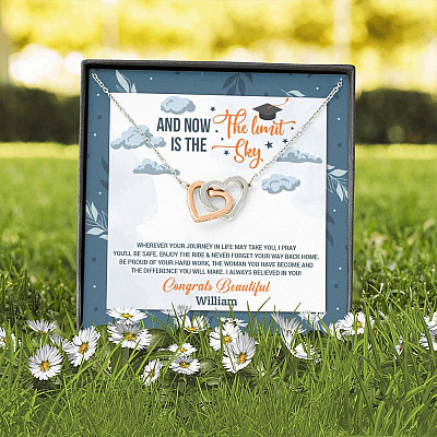 Personalized And Now The Limit Is The Sky Interlocking Hearts Pendant Necklace - Custom Graduation Necklace