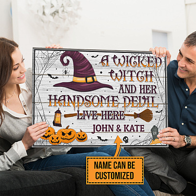 Alternative view of Personalized a Wicked Witch and Her Handsome Devil Live Here Halloween Wrapped Framed Canvas Prints - Unframed Poster