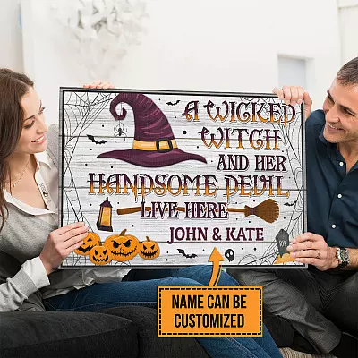 Alternative view of Personalized a Wicked Witch and Her Handsome Devil Live Here Halloween Wrapped Framed Canvas Prints - Unframed Poster