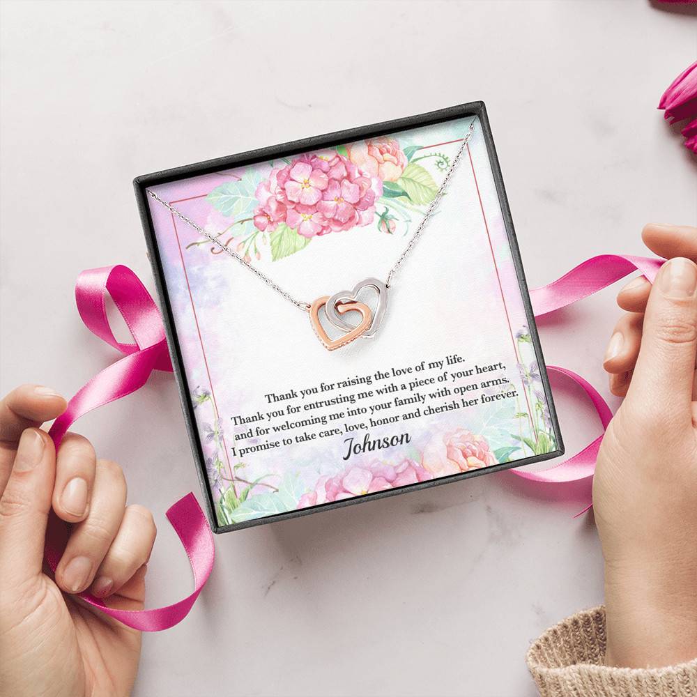 Personalized Thank You for Raising the Love of My Life Mother-In-Law Interlocking Hearts Pendant Necklace