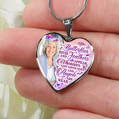 Alternative view of Personalized Photo Butterfly Hover And Feathers Appear Whenever Lost Loved Ones Heart Pendant Necklace
