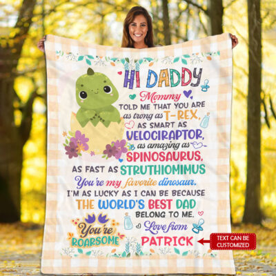 Alternative view of Personalized Dinosaur Hi Daddy Mommy Told Me That You Are as Strong as T-Rex Fleece - Mink Sherpa - Woven Blanket