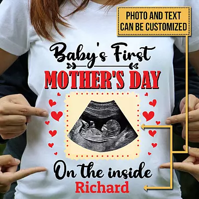 Alternative view of Personalized Photo Baby's First Mother's Day On The Inside Mom To Be T-Shirt - V-Neck - Expecting Mom Gifts