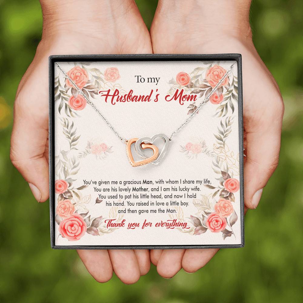 To My Husband's Mom You've Given Me a Gracious Man with Whom I Share My Life Interlocking Hearts Pendant Necklace