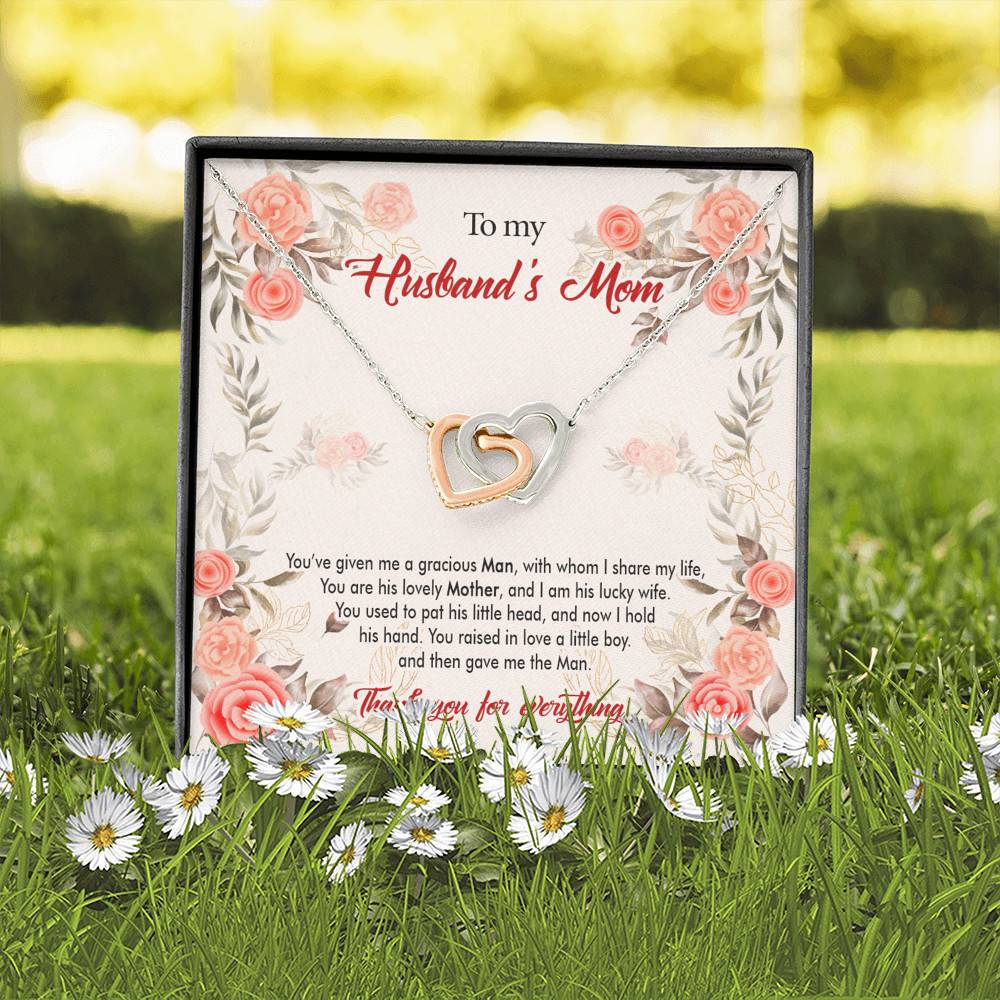 To My Husband's Mom You've Given Me a Gracious Man with Whom I Share My Life Interlocking Hearts Pendant Necklace