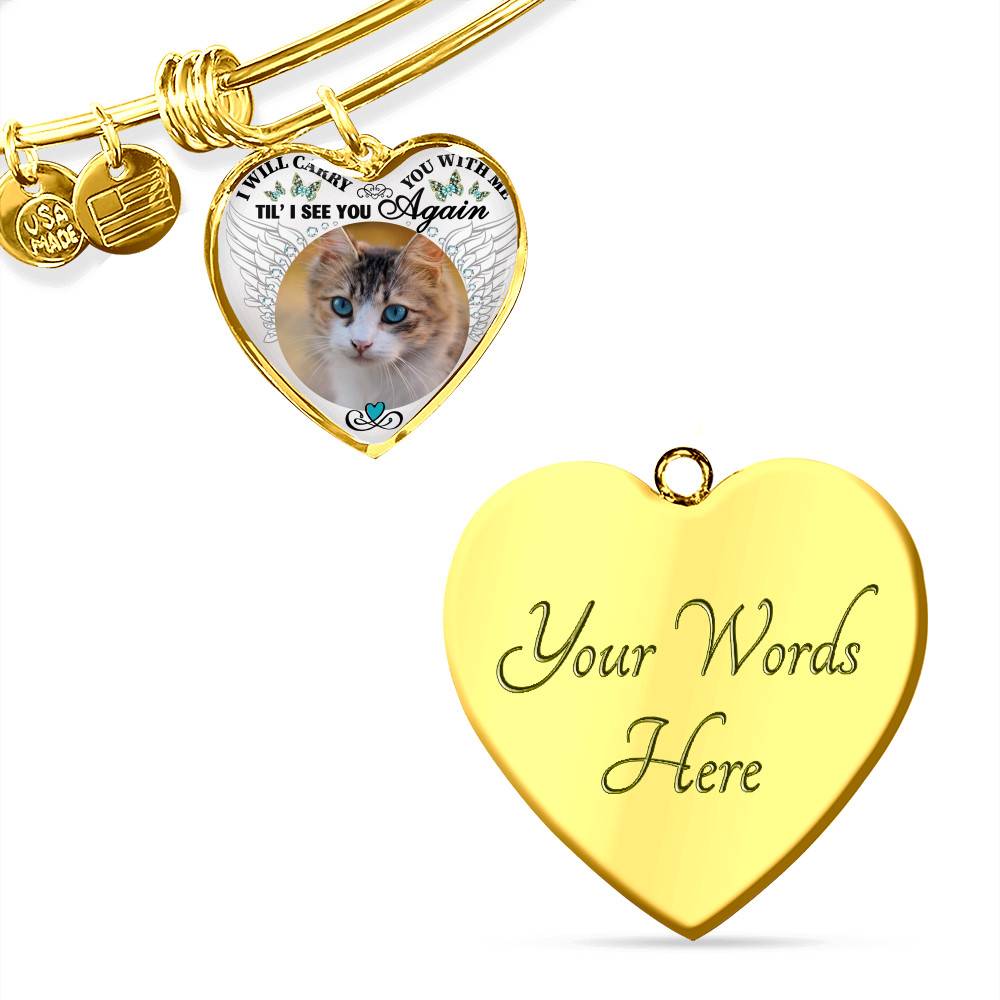 Personalized Custom Photo I Will Carry You With Me Wings Memorial Pet Dog Cat Heart Necklace - Bangle