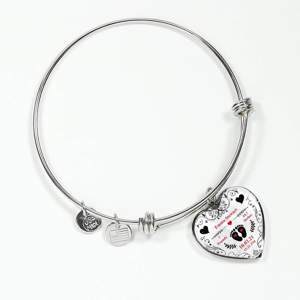 Personalized Baby Stats Heart Pendant Necklace - Bangle - Birth Announcement Gift