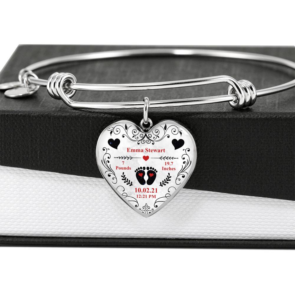 Personalized Baby Stats Heart Pendant Necklace - Bangle - Birth Announcement Gift