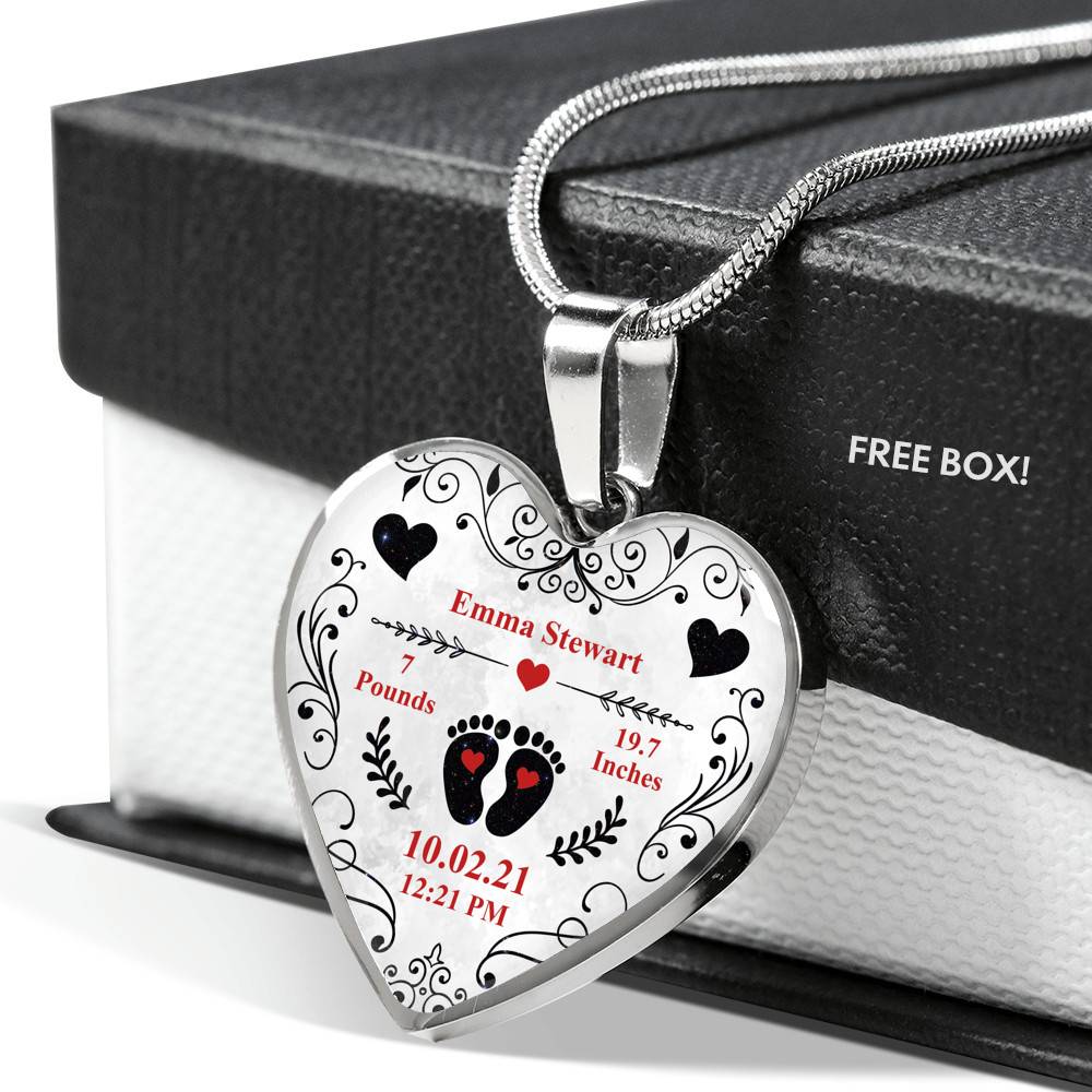 Personalized Baby Stats Heart Pendant Necklace - Bangle - Birth Announcement Gift