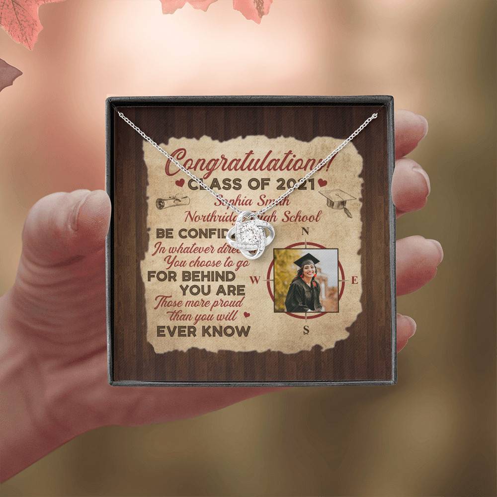 Personalized Photo Graduation Congratulation Wishes Be Confident In Whatever Direction Love Knot Necklace
