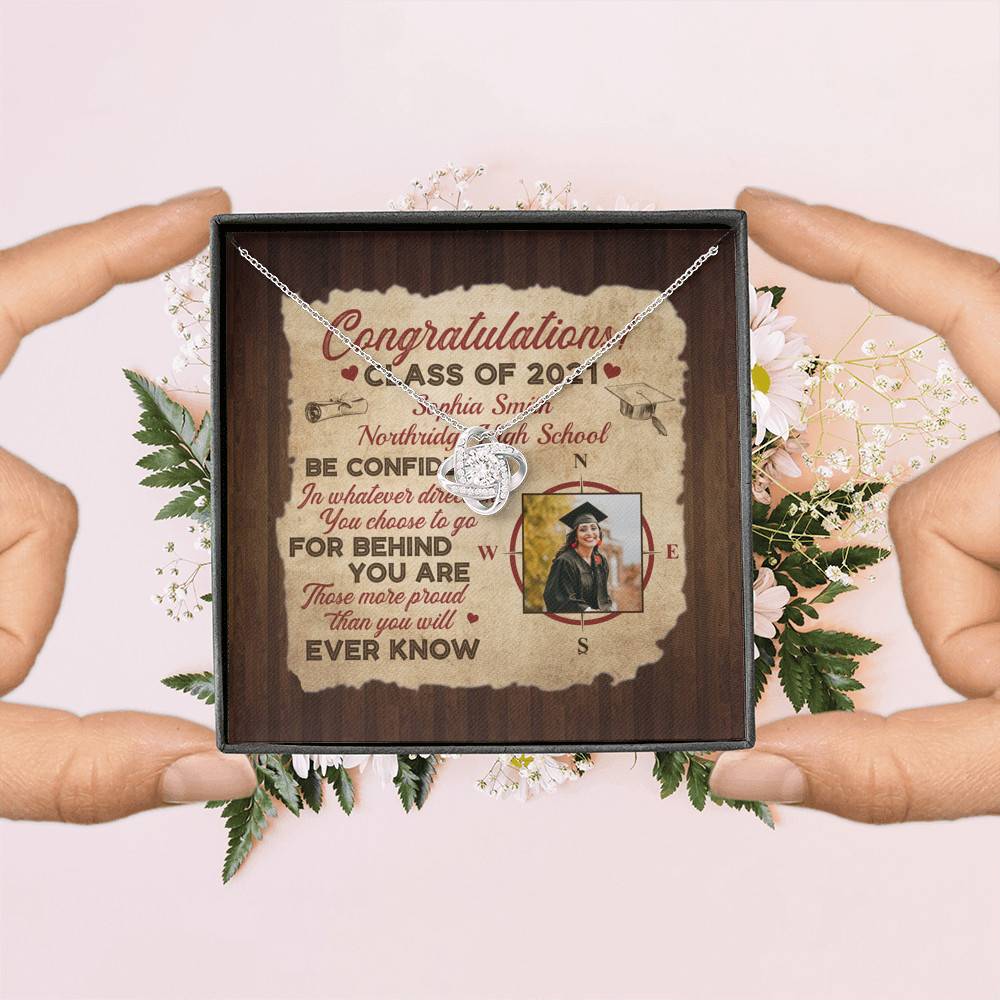 Personalized Photo Graduation Congratulation Wishes Be Confident In Whatever Direction Love Knot Necklace