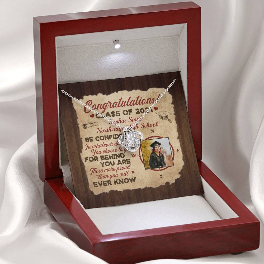 Personalized Photo Graduation Congratulation Wishes Be Confident In Whatever Direction Love Knot Necklace