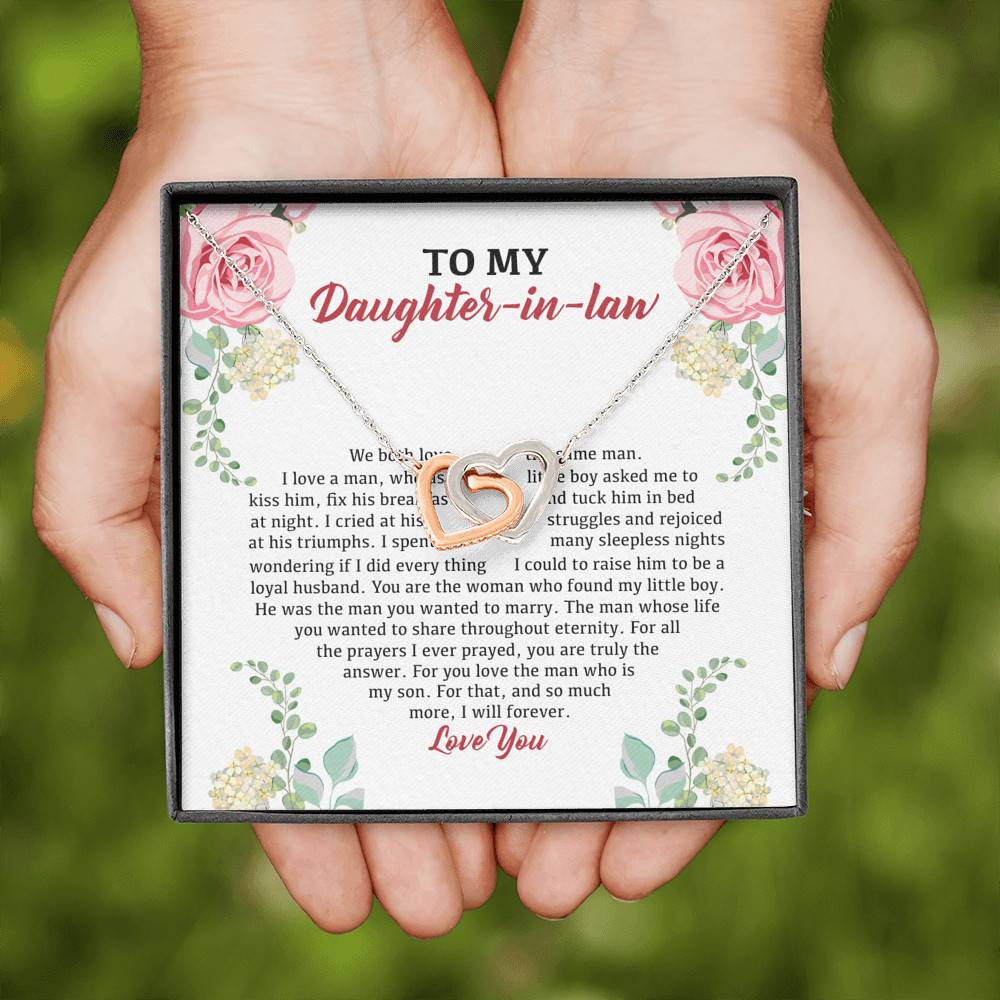 To My Daughter in Law We Love the Same Man You're the Answer I Love You Interlocking Hearts Pendant Necklace To My Daughter in Law We Love the Same Man You're the Answer I Love You Interlocking Hearts Pendant Necklace