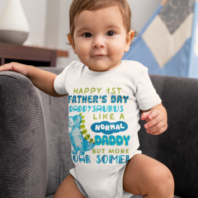 Alternative view of First Father's Day Onesie Daddysaurus Dinosaur Daddy Like a Normal Daddy but More Roarsome Baby Onesie