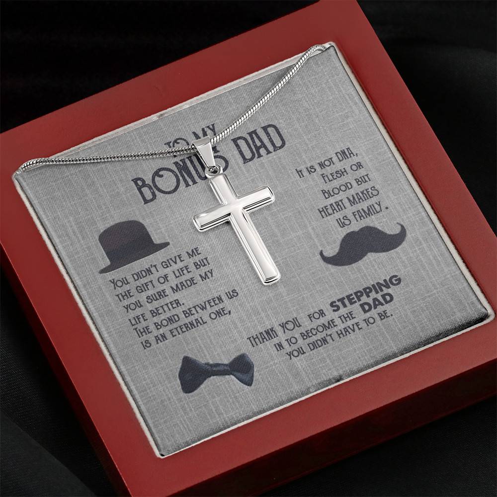 To My Bonus Dad Artisan Crafted Cross Necklace - Step Dad Cross Necklace - Bonus Dad Father's Day Gift