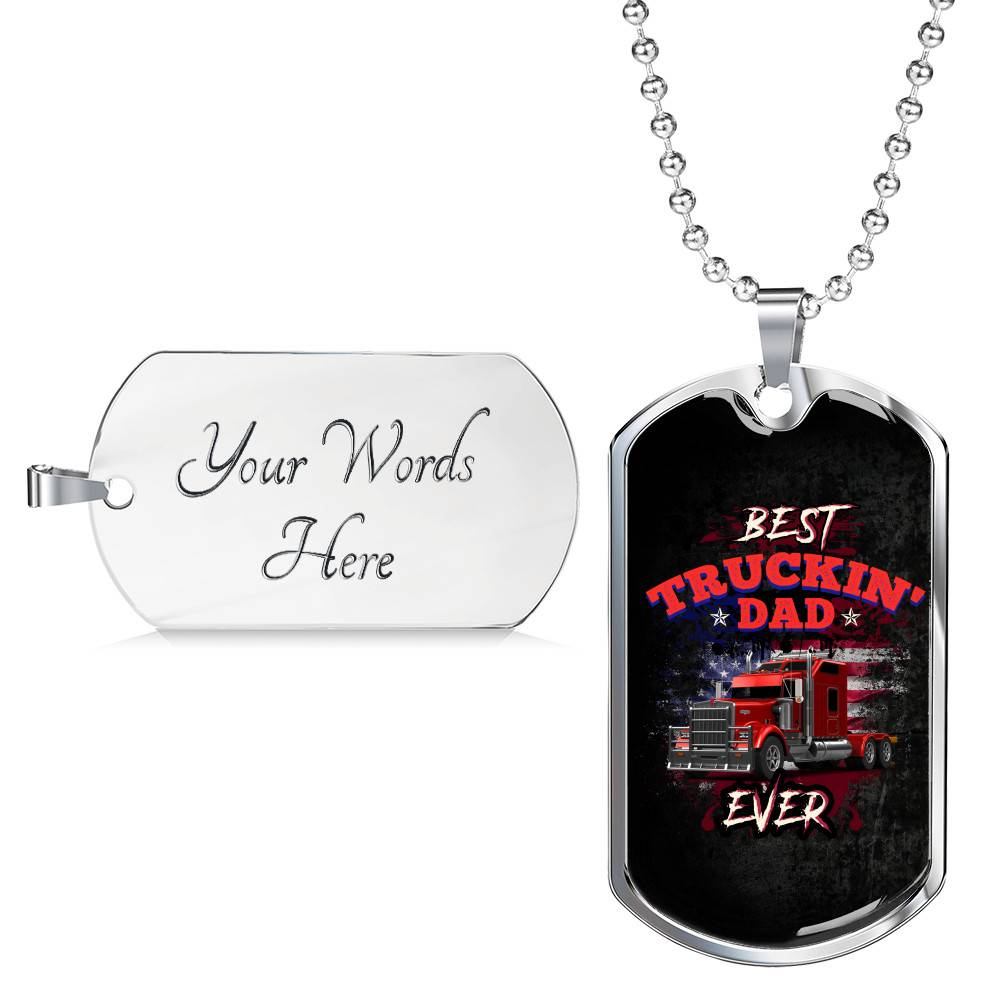 Vintage Best Truckin Dad Ever Rig Truck American Flag Dog Tag Pendant Necklace - Dog Tag (Silver)