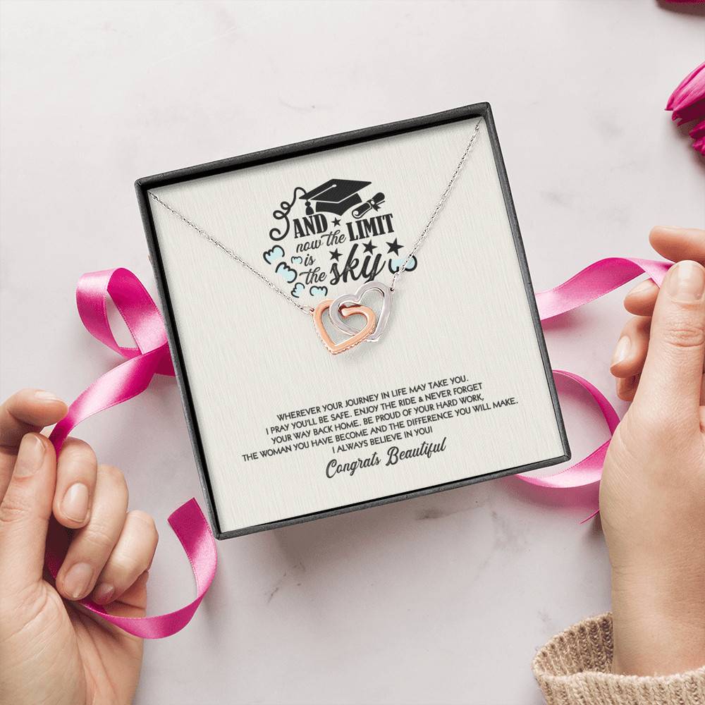 Congratulations Graduation And Now The Limit Is The Sky Graduated Interlocking Hearts Necklace