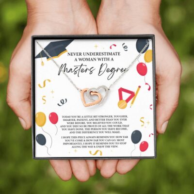 Masters Graduation Never Underestimate a Woman with Masters Degree Interlocking Heart Pendant Necklace
