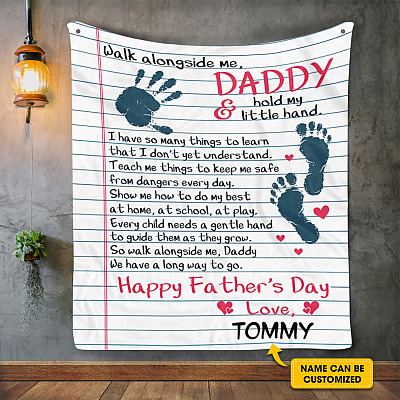 Personalized Walk Along Me Daddy Hold My Little Hand Happy Father's Day Fleece Blanket - Mink Blanket - Woven Blanket