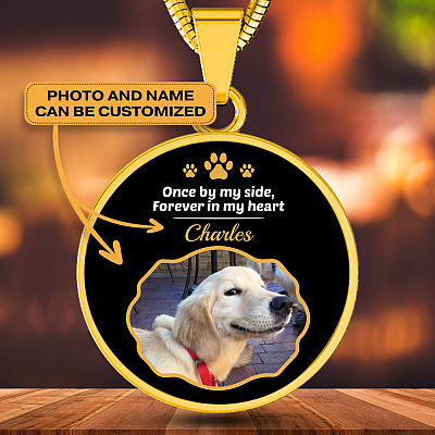 Personalized Photo Once By My Side Forever In My Heart Dog Memorial Circle Pendant Necklace