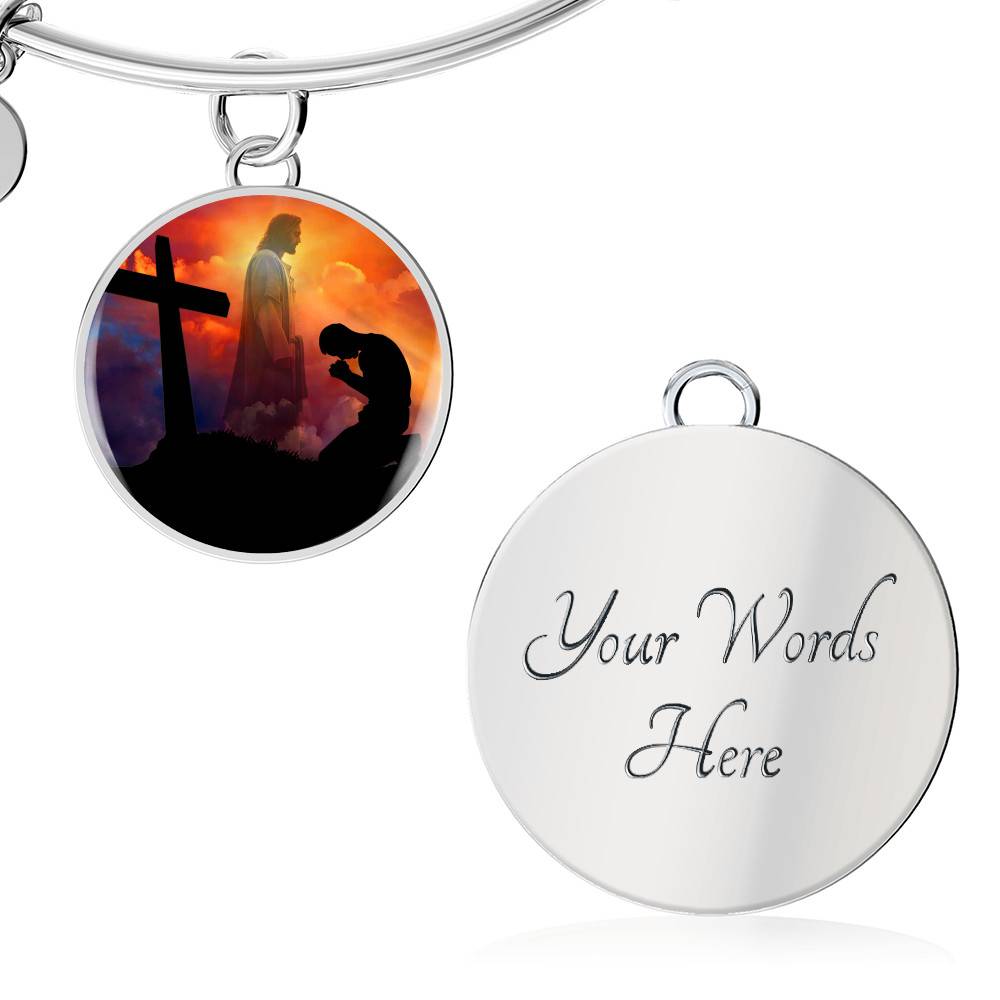 Men Kneeling Before Jesus Cross Christian Circle Pendant Necklace - Bangle