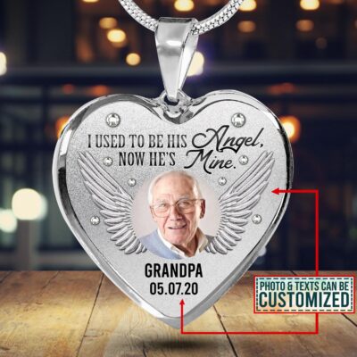 Personalized Custom Photo I Used To Be His Angel Now He's Mine Dad Memorial Heart Necklace - Bangle