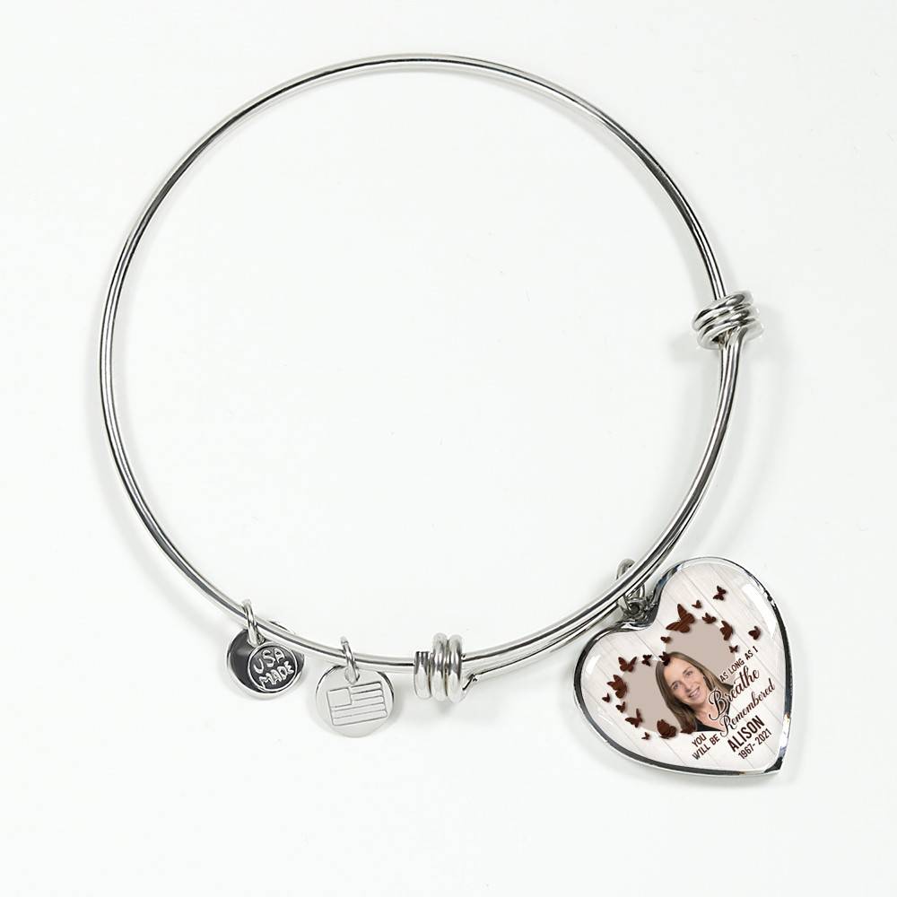 Personalized Photo In Loving Memory As Long As I Breathe You Will Be Remember Heart Pendant Necklace - Bangle Personalized Photo In Loving Memory As Long As I Breathe You Will Be Remember Heart Pendant Necklace - Bangle
