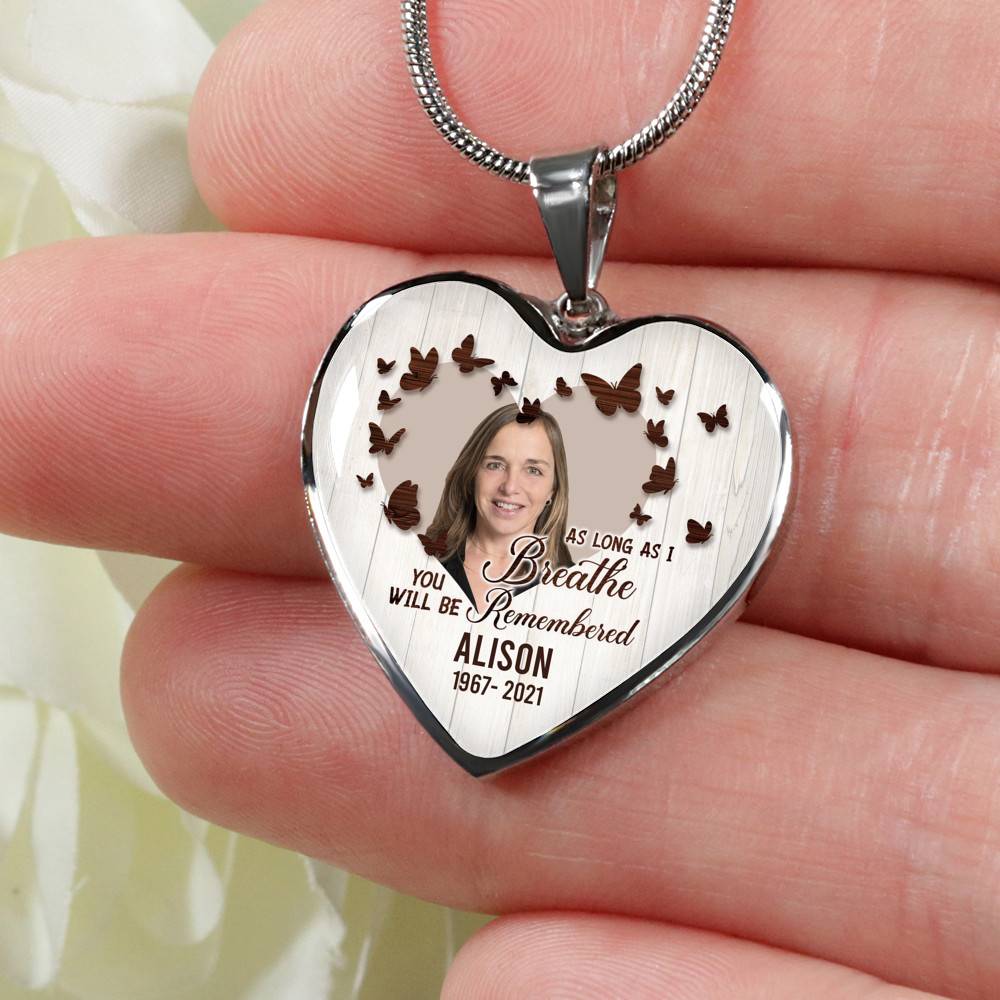 Personalized Photo In Loving Memory As Long As I Breathe You Will Be Remember Heart Pendant Necklace - Bangle Personalized Photo In Loving Memory As Long As I Breathe You Will Be Remember Heart Pendant Necklace - Bangle