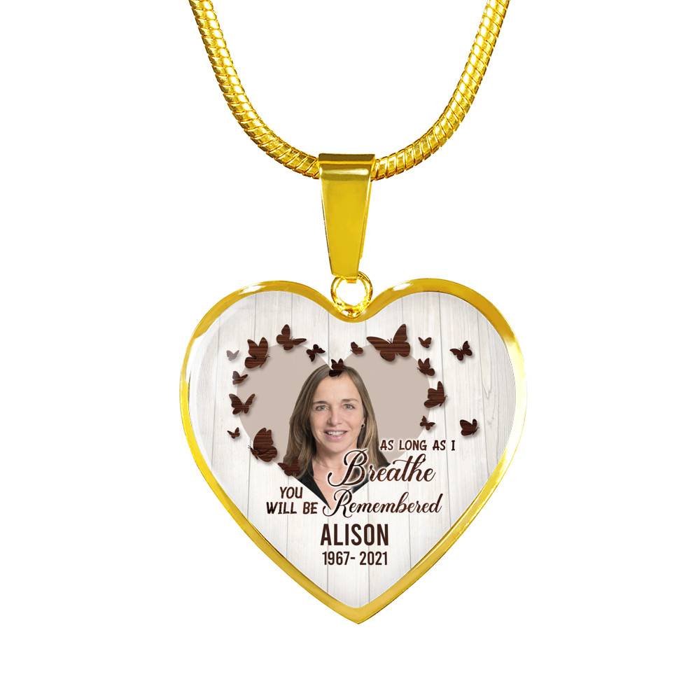 Personalized Photo In Loving Memory As Long As I Breathe You Will Be Remember Heart Pendant Necklace - Bangle Personalized Photo In Loving Memory As Long As I Breathe You Will Be Remember Heart Pendant Necklace - Bangle