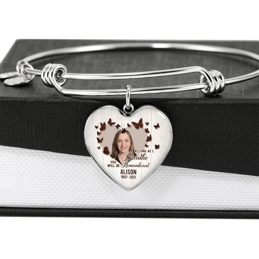 Personalized Photo In Loving Memory As Long As I Breathe You Will Be Remember Heart Pendant Necklace - Bangle Personalized Photo In Loving Memory As Long As I Breathe You Will Be Remember Heart Pendant Necklace - Bangle