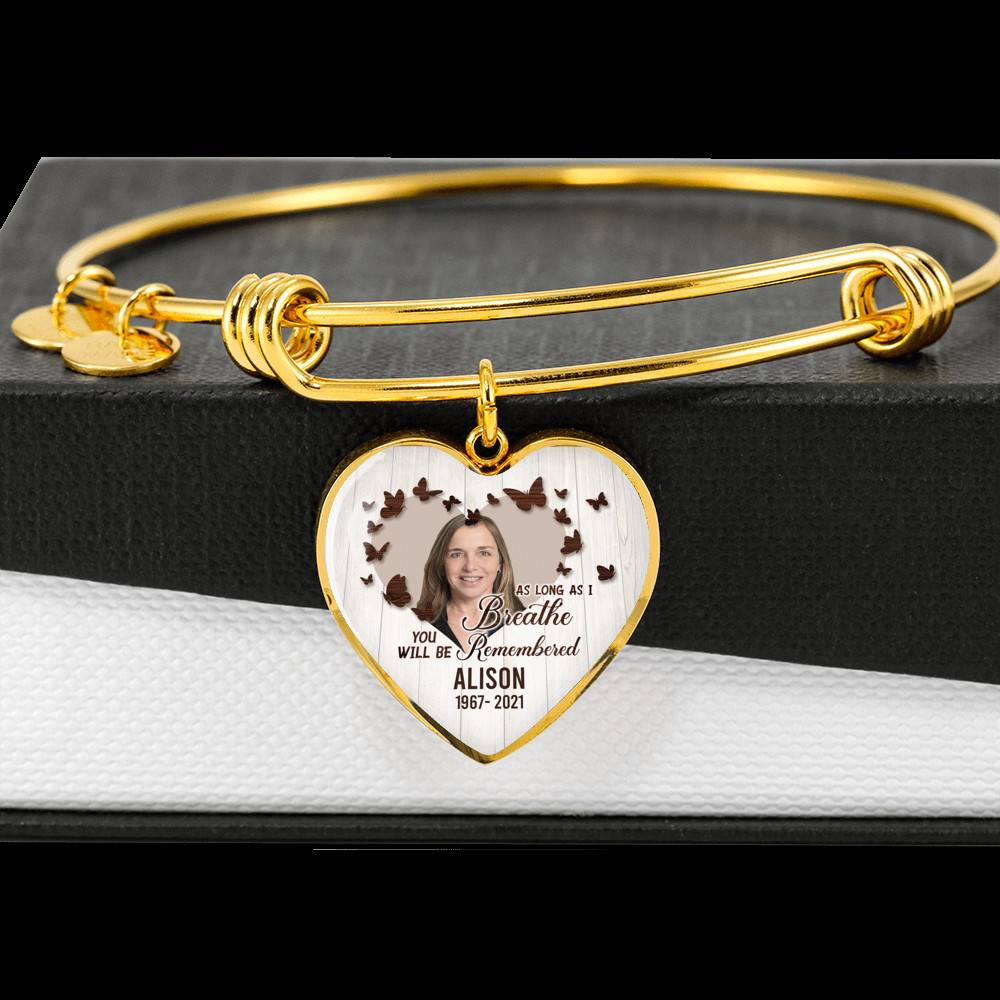 Personalized Photo In Loving Memory As Long As I Breathe You Will Be Remember Heart Pendant Necklace - Bangle Personalized Photo In Loving Memory As Long As I Breathe You Will Be Remember Heart Pendant Necklace - Bangle
