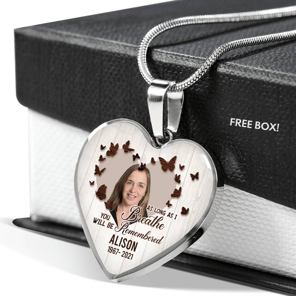 Personalized Photo In Loving Memory As Long As I Breathe You Will Be Remember Heart Pendant Necklace - Bangle Personalized Photo In Loving Memory As Long As I Breathe You Will Be Remember Heart Pendant Necklace - Bangle