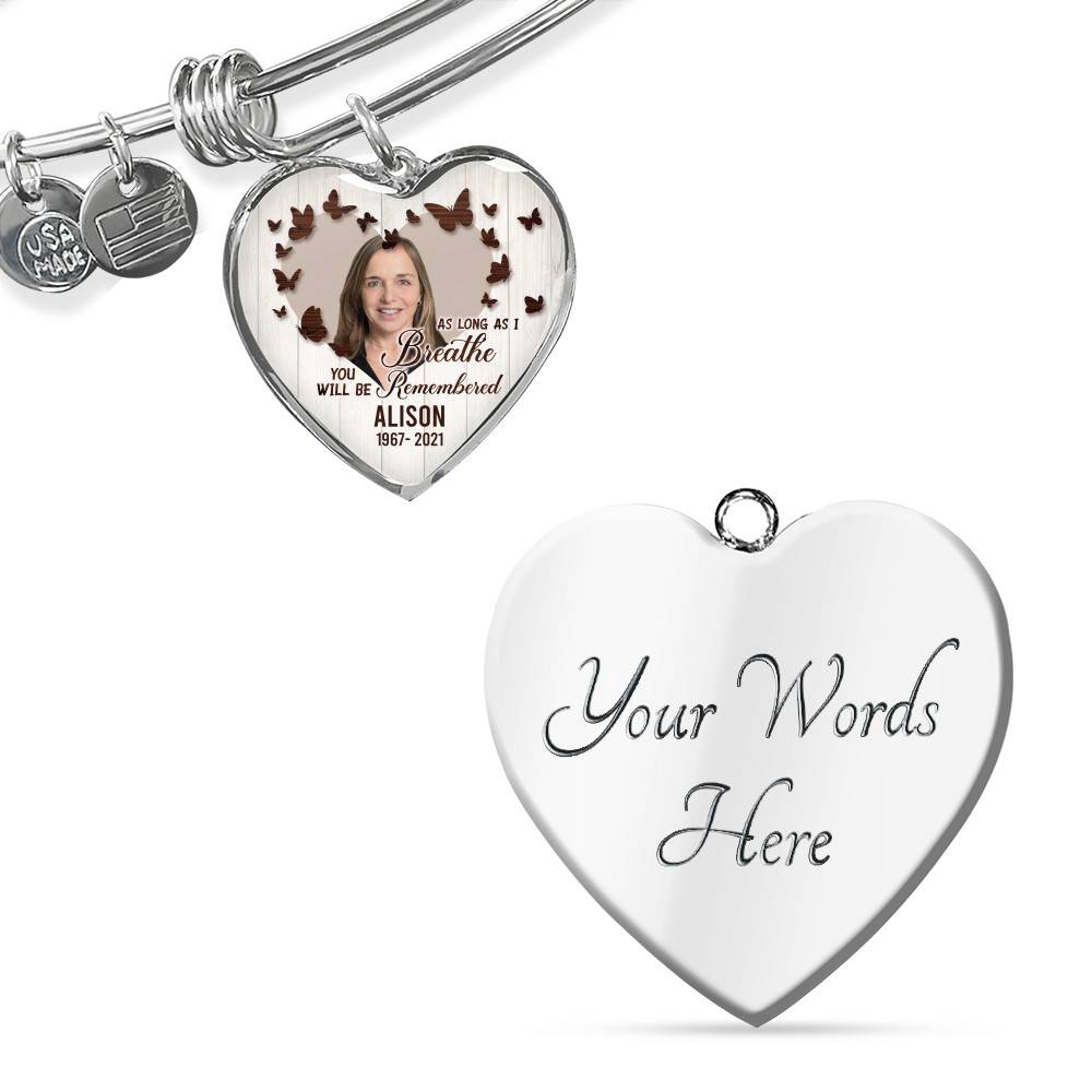 Personalized Photo In Loving Memory As Long As I Breathe You Will Be Remember Heart Pendant Necklace - Bangle Personalized Photo In Loving Memory As Long As I Breathe You Will Be Remember Heart Pendant Necklace - Bangle