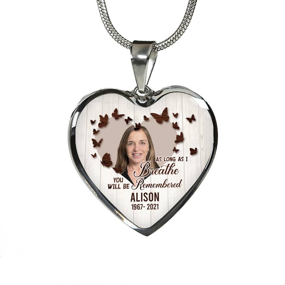 Personalized Photo In Loving Memory As Long As I Breathe You Will Be Remember Heart Pendant Necklace - Bangle Personalized Photo In Loving Memory As Long As I Breathe You Will Be Remember Heart Pendant Necklace - Bangle
