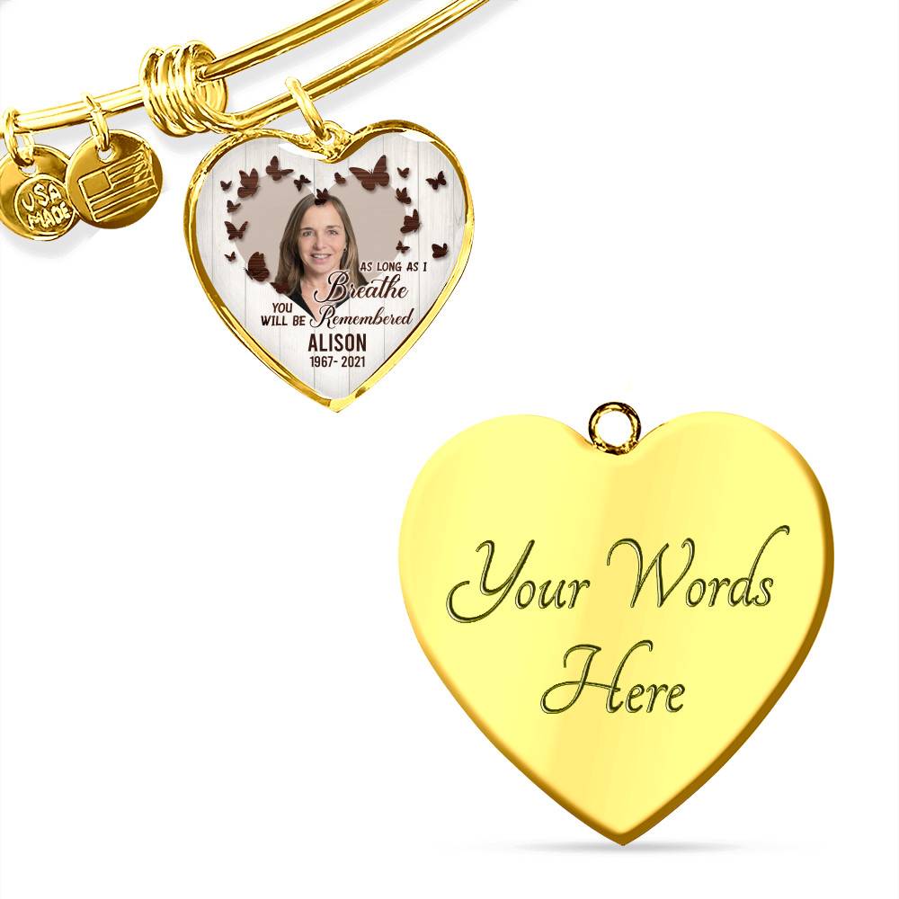 Personalized Photo In Loving Memory As Long As I Breathe You Will Be Remember Heart Pendant Necklace - Bangle Personalized Photo In Loving Memory As Long As I Breathe You Will Be Remember Heart Pendant Necklace - Bangle
