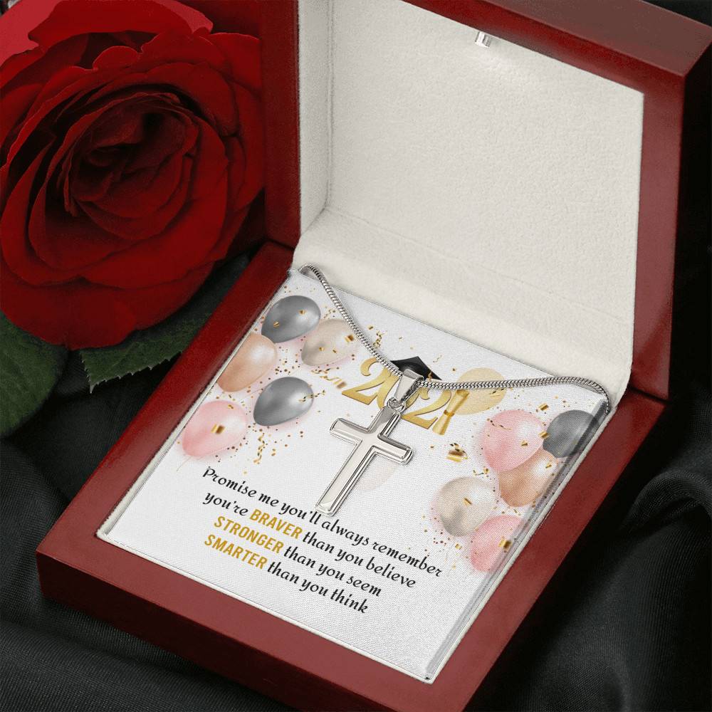You're Braver Than You Believe Stronger Than You Seem Artisan Crafted Cross Necklace - Graduation Gift