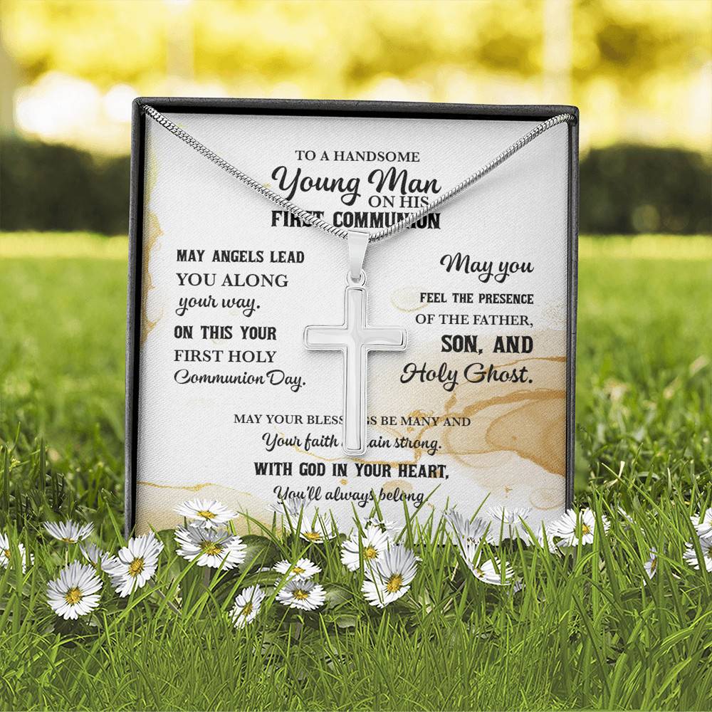 To A Handsome Young Man On His First Communion Artisan Crafted Cross Necklace - First Holy Communion Gifts For Boy