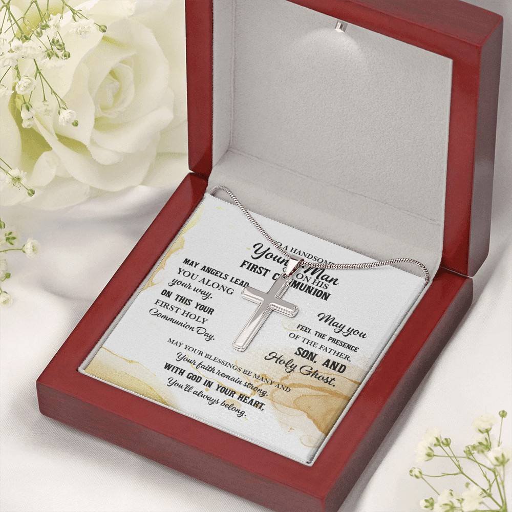 To A Handsome Young Man On His First Communion Artisan Crafted Cross Necklace - First Holy Communion Gifts For Boy
