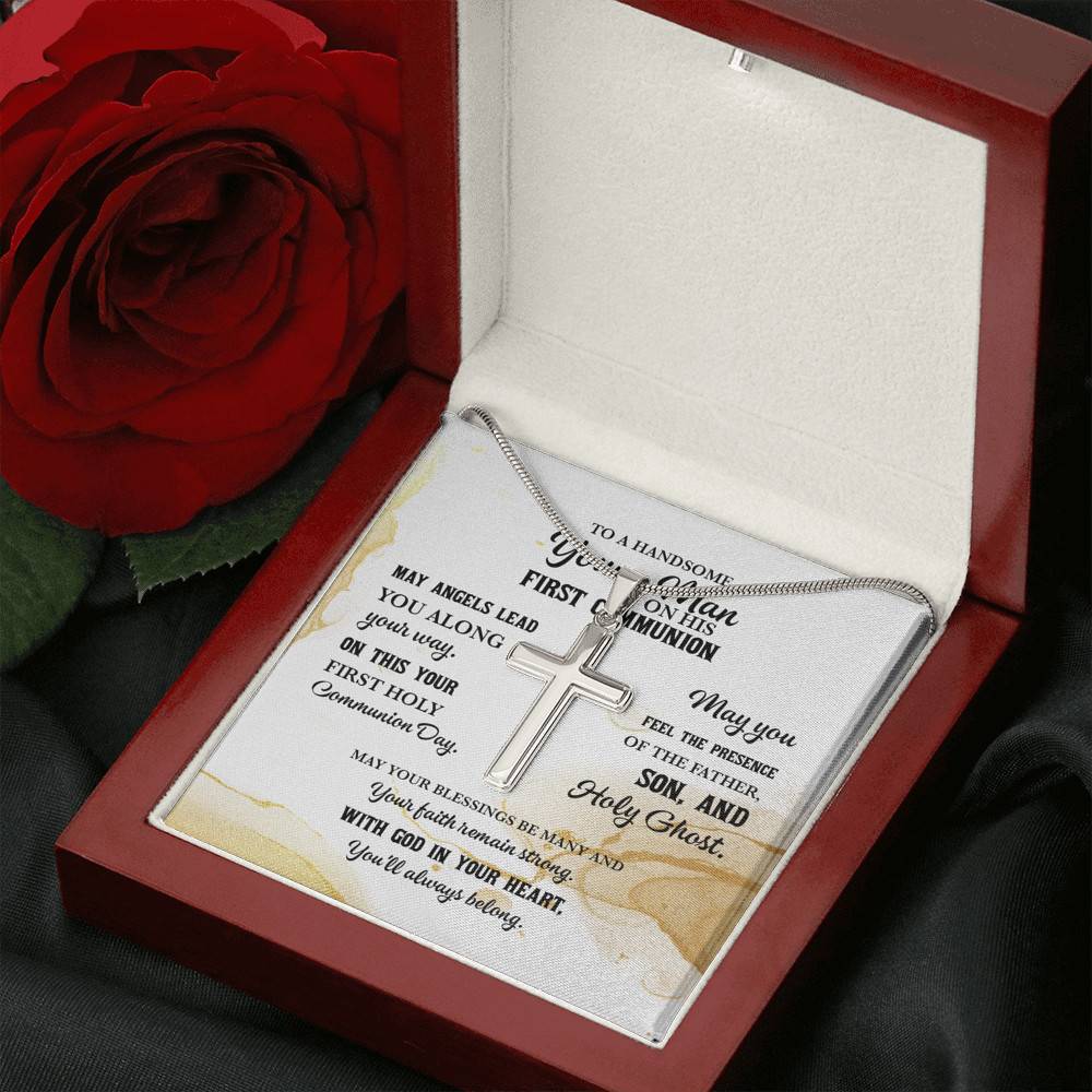 To A Handsome Young Man On His First Communion Artisan Crafted Cross Necklace - First Holy Communion Gifts For Boy
