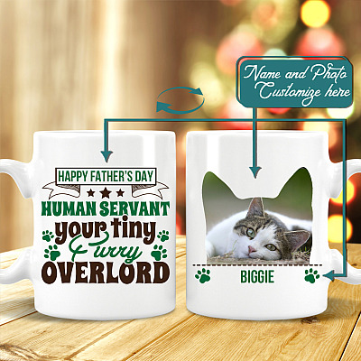 Alternative view of Personalized Photo Cat Dad Human Servant Your Tiny Furry Overlord Happy Cat Father's Day Dad Mug Beer Stein