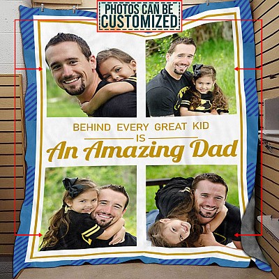 Personalized Custom Photo Behind Every Great Kid Is An Amazing Dad Fleece Blanket - Custom Gift For Dad