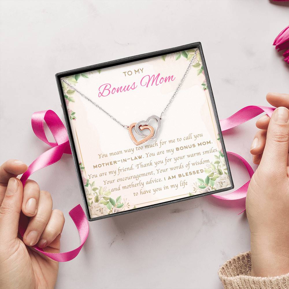 To My Bonus Mom You Mean Way Too Much For Me To Call You Mother In Law Interlocking Hearts Pendant Necklace