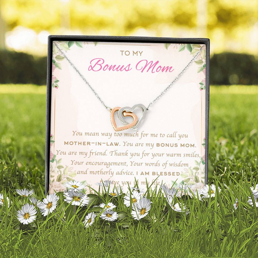 To My Bonus Mom You Mean Way Too Much For Me To Call You Mother In Law Interlocking Hearts Pendant Necklace