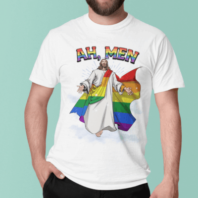 Ah Men Rainbow Gay Jesus Christian LGBT Pride Flag T-Shirt - Funny LGBT Gay Pride Jesus Rainbow Christian Shirt