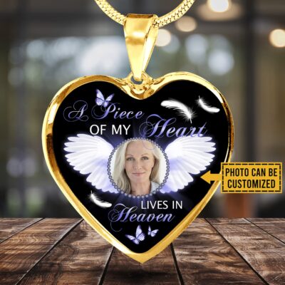 Personalized Custom Photo A Piece Of My Heart Lives In Heaven Memorial Heart Pendant Necklace - Bangle